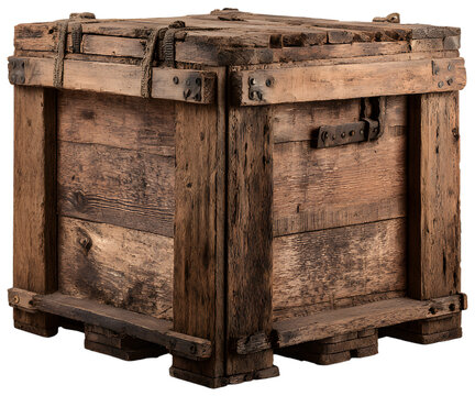 An old weathered wooden box with a lid. The box is made of rough-hewn planks and metal accents
