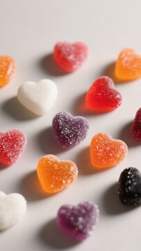Colorful heart-shaped candies with sugar coating scattered on a white surface, featuring vibrant hues and glossy texture under soft lighting