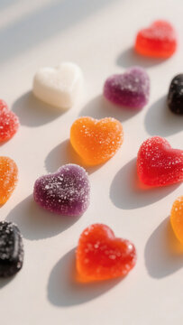 Colorful heart-shaped candies with sugar coating scattered on a white surface, featuring vibrant hues and glossy texture under soft lighting