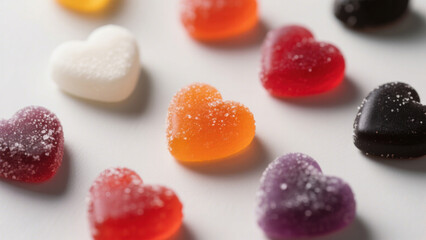 Colorful heart-shaped candies with sugar coating scattered on a white surface, featuring vibrant hues and glossy texture under soft lighting