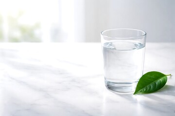 Glass of Pure Water with Green Leaf on White Marble Surface