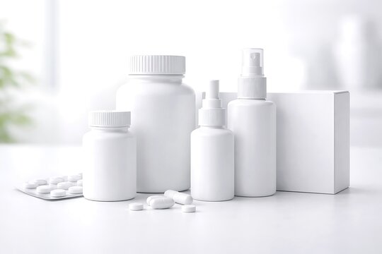 Generic White Medicine Bottles, Sprays, Pills on Bright Background
