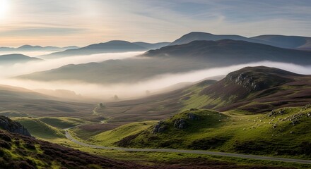 Fototapeta premium Serene landscape of rolling hills and mountains shrouded in mist at dawn