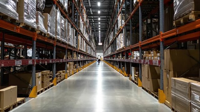 Interior warehouse scene with rows of packed shelves and a bright central aisle