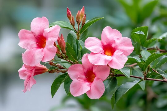 Pink Dipladenia flowers blooming in green garden