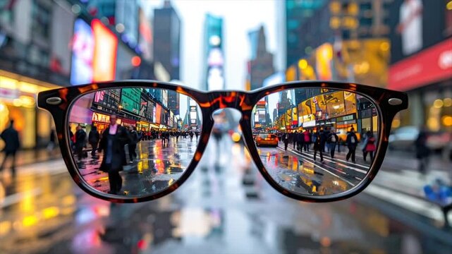 Tortoise-shell glasses frame a city street scene, showcasing reflections of the urban landscape