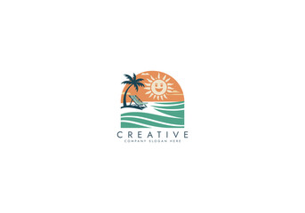Fototapeta premium Beautiful colorful Holiday vacation beach stamp logo . luxury travel beach getaway holidays for honeymoon couple tropical vacation vector design.
