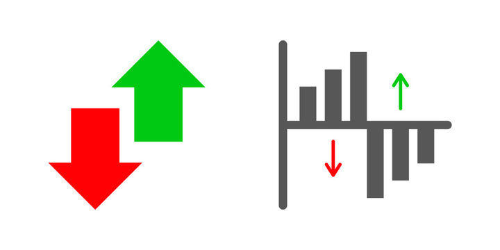 Up and down arrows and bar chart representing market trends. Used to represent financial market activity, specifically price movements and trading volume. Vector