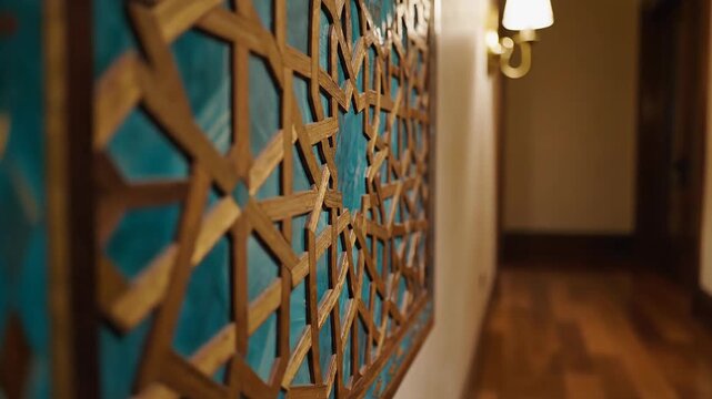 Intricate Islamic Geometric Wood Carving Art with Teal Accents in a Luxury Hallway