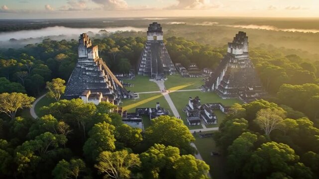 Sunrise aerial drone footage of ancient Mayan pyramids in Tikal Guatemala shrouded in morning mist