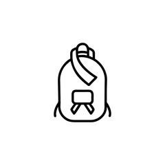 Outline pictogram of a backpack with a ribbon tag attached Vector illustration