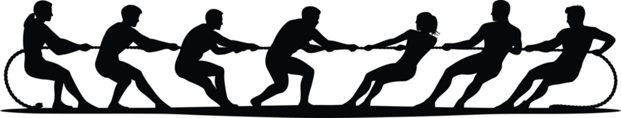 Seven strong figures pull hard on a thick rope during an intense team tug of war competition.