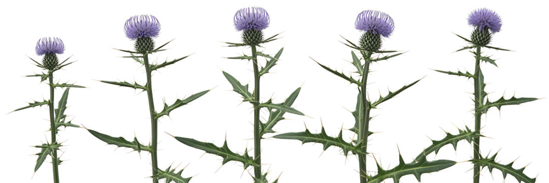 Scottish Thistle Wildflowers Set Isolated on White Background, Botanical Purple Prickly Plants Illustration