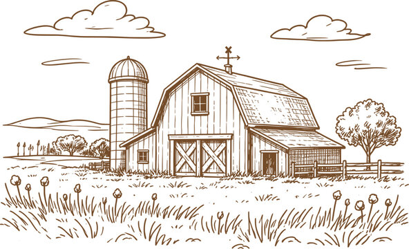 Rustic Farm Barn Landscape Line Art Illustration.