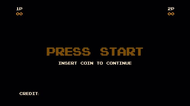 Retro 8 Bit Pixel Art Arcade Game Press Start Screen Interface Motion Graphic Loop with Insert Coin and Credit Display 4k video animation seamless loop