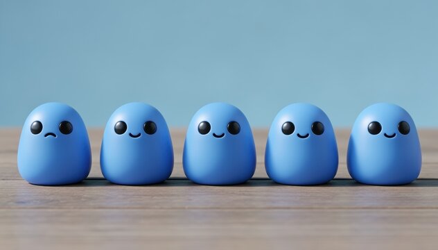 Blue Emotions: A lineup of five blue, egg-shaped figurines each display a unique facial expression, running the gamut from sorrow to elation, set against a muted backdrop.