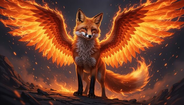 Fiery Fox with Winged Grace: A majestic fox, with a fiery wing of flame stands confidently, embodying power and grace. The image ignites the imagination. 