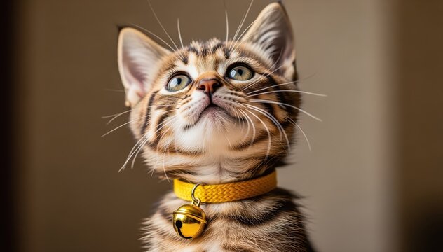 Curious Kitten with Bell Collar: A charming kitten, its gaze directed upward, wears a bright yellow collar with a tinkling bell, evoking curiosity and playfulness.