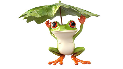 Fototapeta premium Red-Eyed Frog Under a Leaf Umbrella: A charming red-eyed tree frog takes shelter under a vibrant green leaf, as an umbrella. Capturing the essence of tranquility and childlike wonder.