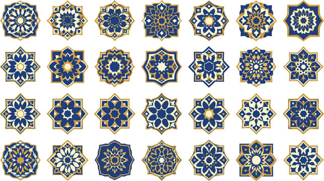 A seamless geometric pattern set with Arabic styled repeating decorative shapes in a clean vector style suitable for mosque decor art and fabric design