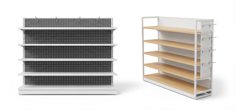 Empty store shelves, front and side view. Supermarket shelf mockup with pegboard and wooden shelves. Isolated on white background, ideal for product display or retail concept.