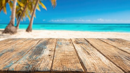 Fototapeta premium Wooden table at a beach with palm trees and clear water during sunny weather