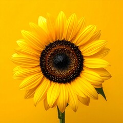 Fototapeta premium A single radiant sunflower with vibrant yellow petals and a dark brown center, captured in sharp detail against a brilliant, solid yellow background, embodying sunshine and natural splendor