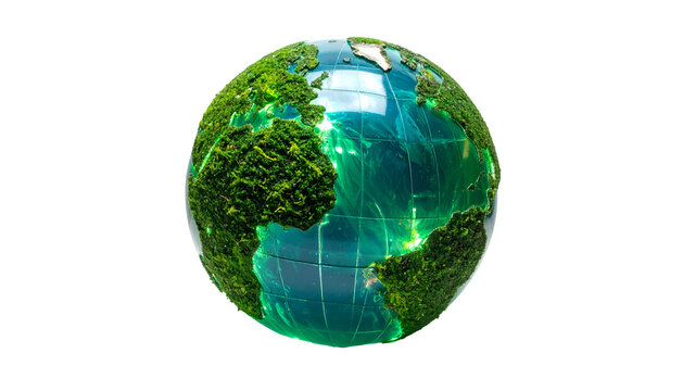 A vibrant globe showcases continents as lush greenery, reflecting blue oceans, set against a stark black background. It symbolizes nature's harmony
