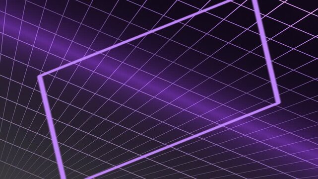 A futuristic purple grid background with glowing lines and a central rectangular frame, suggesting a digital tunnel or cyberspace.