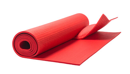 A vibrant, rolled-up, red exercise mat isolated against a stark black background. It appears ready to be unrolled for fitness activities