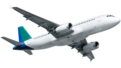 Commercial airplane flying isolated on white background