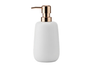 Obraz premium Elegant white soap dispenser with rose gold pump on white background