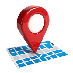 Red location pin on a blue city map with white background