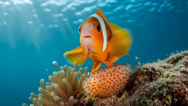 Vibrant orange false clownfish (Amphiprion ocellaris) swimming near a colorful sea cucumber and anemones on a sunlit coral reef.