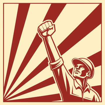Retro Propaganda Worker Raising Fist Vector Illustration