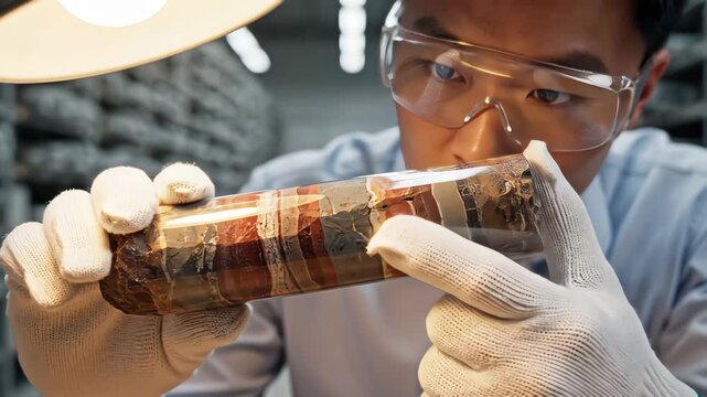 Asian geologist scientist examining sedimentary rock drill core sample in geological archive warehouse