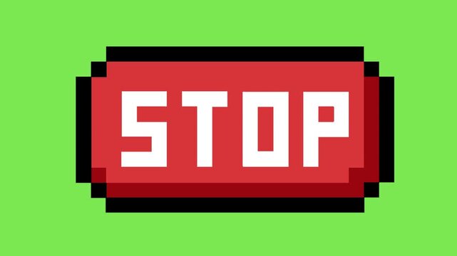 Pixelated red stop button graphic on a vibrant green background, embodying retro arcade style and a clear digital command for immediate halt, pause, or user instruction