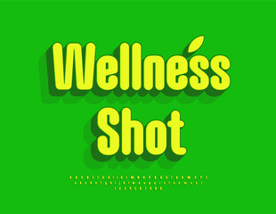Vector Healthy sticker Wellness Shot. Modern Elegant Font. Bright 3D Alphabet Letters and Number set.