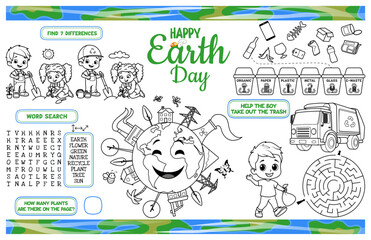 Festive placemat for children. Printable activity sheet "Happy Earth Day" with a labyrinth, coloring page, find the difference. 17x11 inch printable vector file © Anatolii