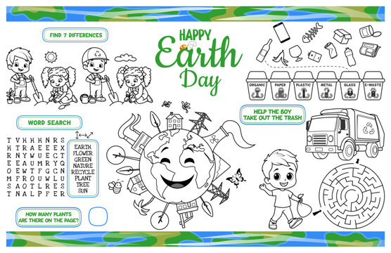 Festive placemat for children. Printable activity sheet "Happy Earth Day" with a labyrinth, coloring page, find the difference. 17x11 inch printable vector file