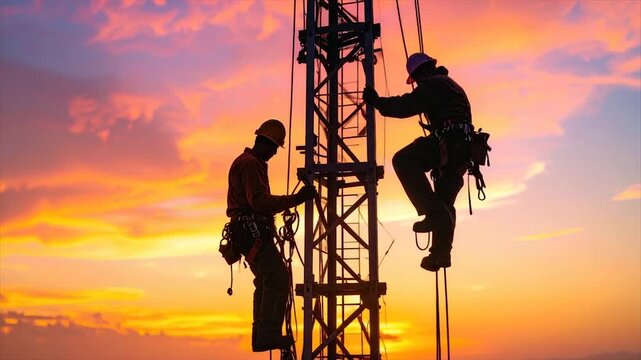 Silhouetted workers climb a tower against a vibrant sunset. Tools and safety gear are visible