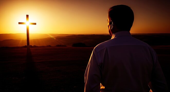 Man looking at cross at sunset. Spiritual pilgrimage and religious contemplation in beautiful dramatic light. Faith concept.