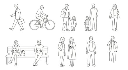 Fototapeta premium clean line art people in daily life walking cycling interacting using technology for modern urban lifestyle visuals.