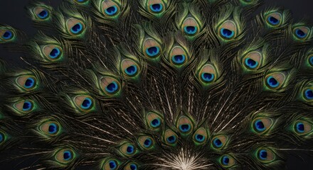 A vibrant peacock's tail, feathers fanned wide, showcasing iridescent blues, greens, and browns against a dark backdrop