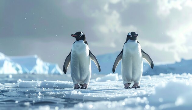 Penguins walk on icy landscape in soft overcast light.