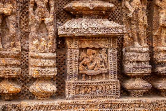 This erotic stone sculpture at the Konark Sun Temple depicts an intimate couple in close embrace, symbolizing fertility, human desire, and tantric philosophy in Odishan temple art.
