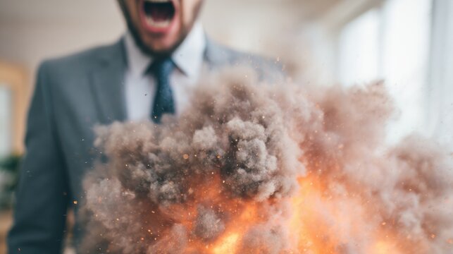 Man yells as smoke and fire erupt from behind him in a busy office
