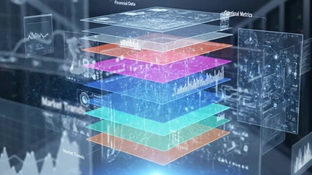 Digital data layers and analytics displayed in a server room