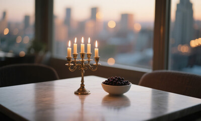 A lit candelabra with five candles on a wooden table, accompanied by a bowl of berries, set against a blurred city skyline at sunset