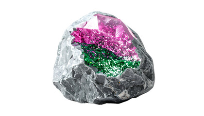 Fototapeta premium Close-up of a rugged, gray stone revealing a geode-like interior. Inside, crystalline formations display pink, green, and clear gem-like facets